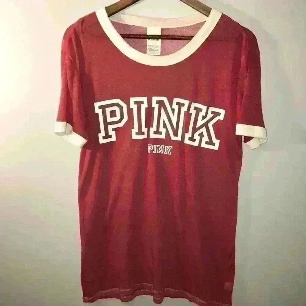 Pink Red & White Short Sleeve Burned Out Tee S: Sm